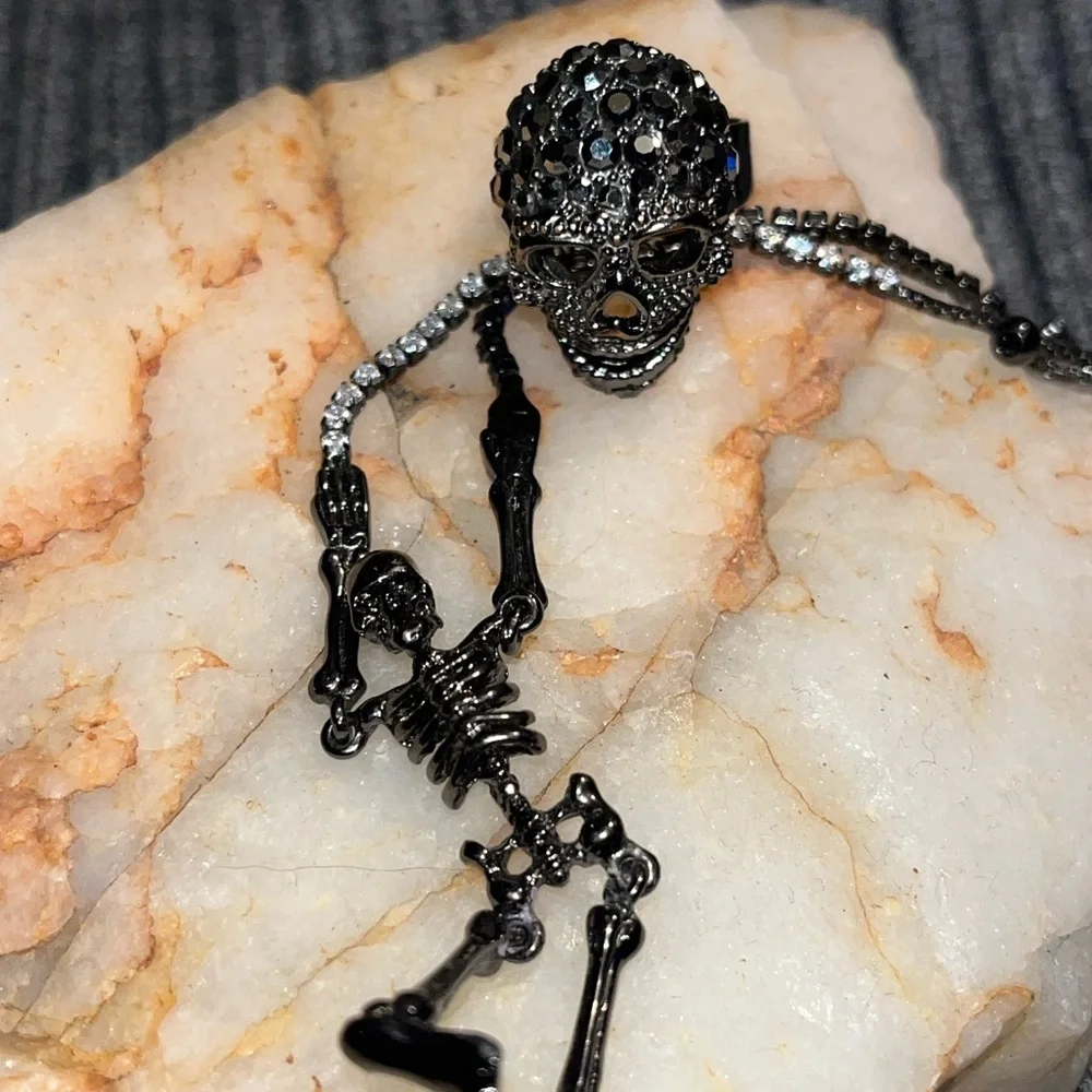 Black Adjustable Skeleton Bracelet and Black Bling Skull Ring
